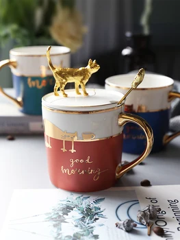 Creative Ceramice, Cani de Cafea Cani Ceramica cu Capac Lingura Amuzant Pisica Cana de Cafea Bone China Tazas Para Cafenea de uz Casnic BB50